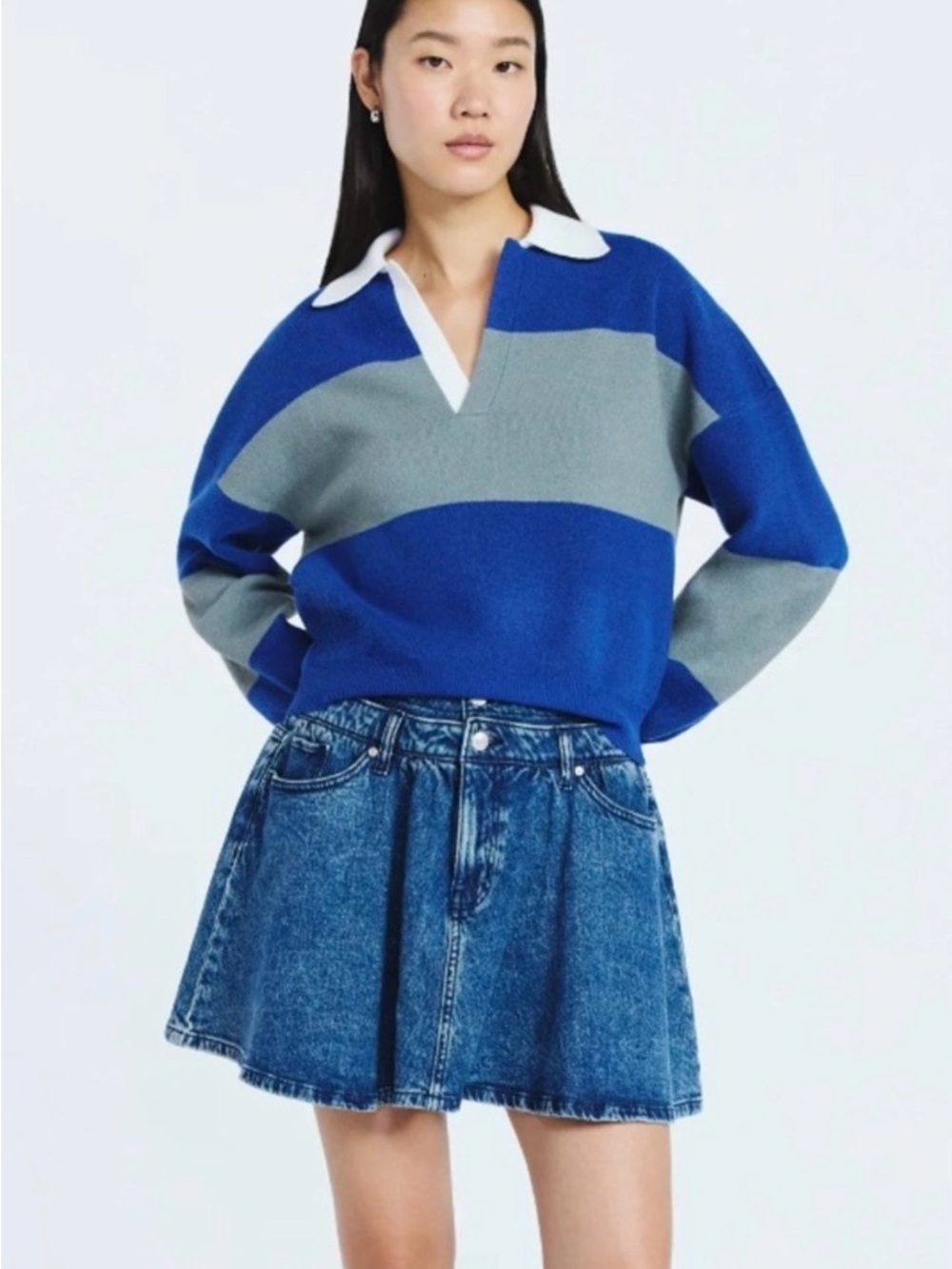 Washed Blue Denim Mini Skirt — Casual A-Line Style